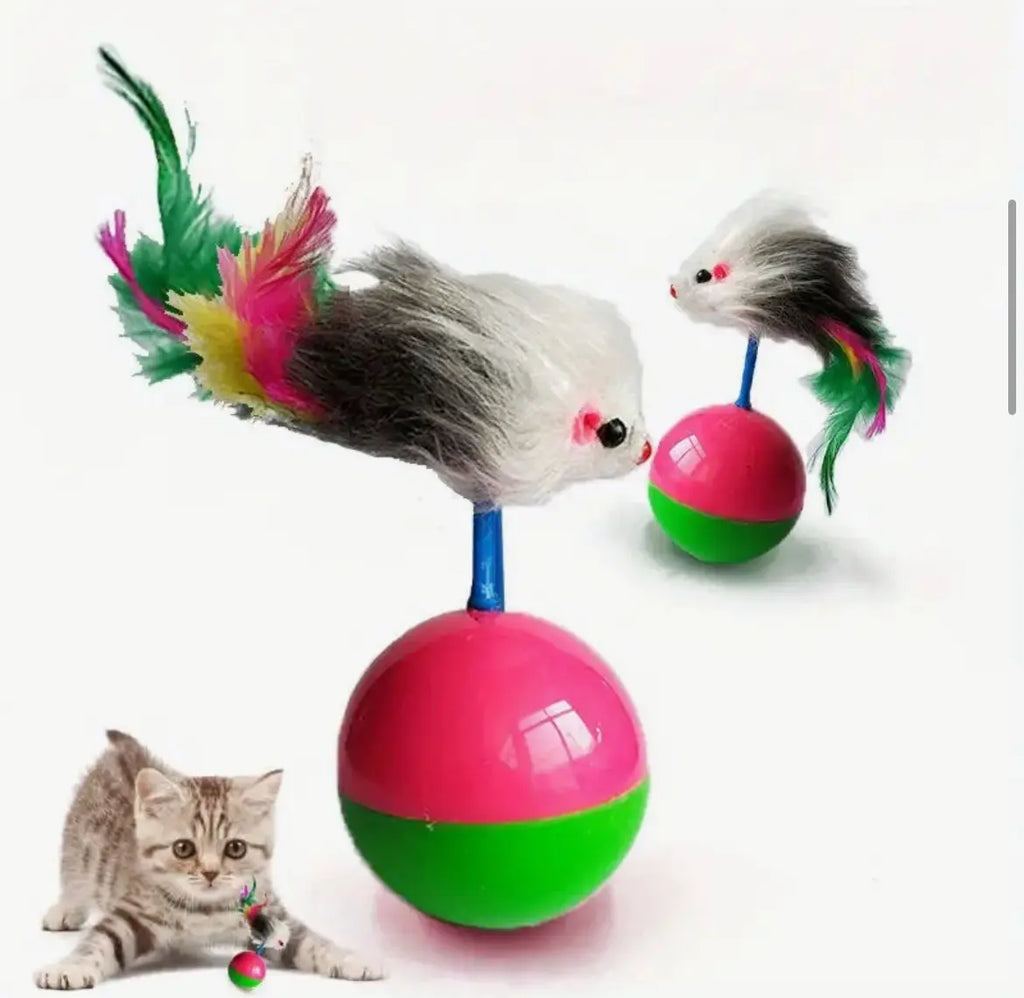 Juguete Interactivo para Gatos Tipo Tentetieso con Ratón de Peluche y Plumas
