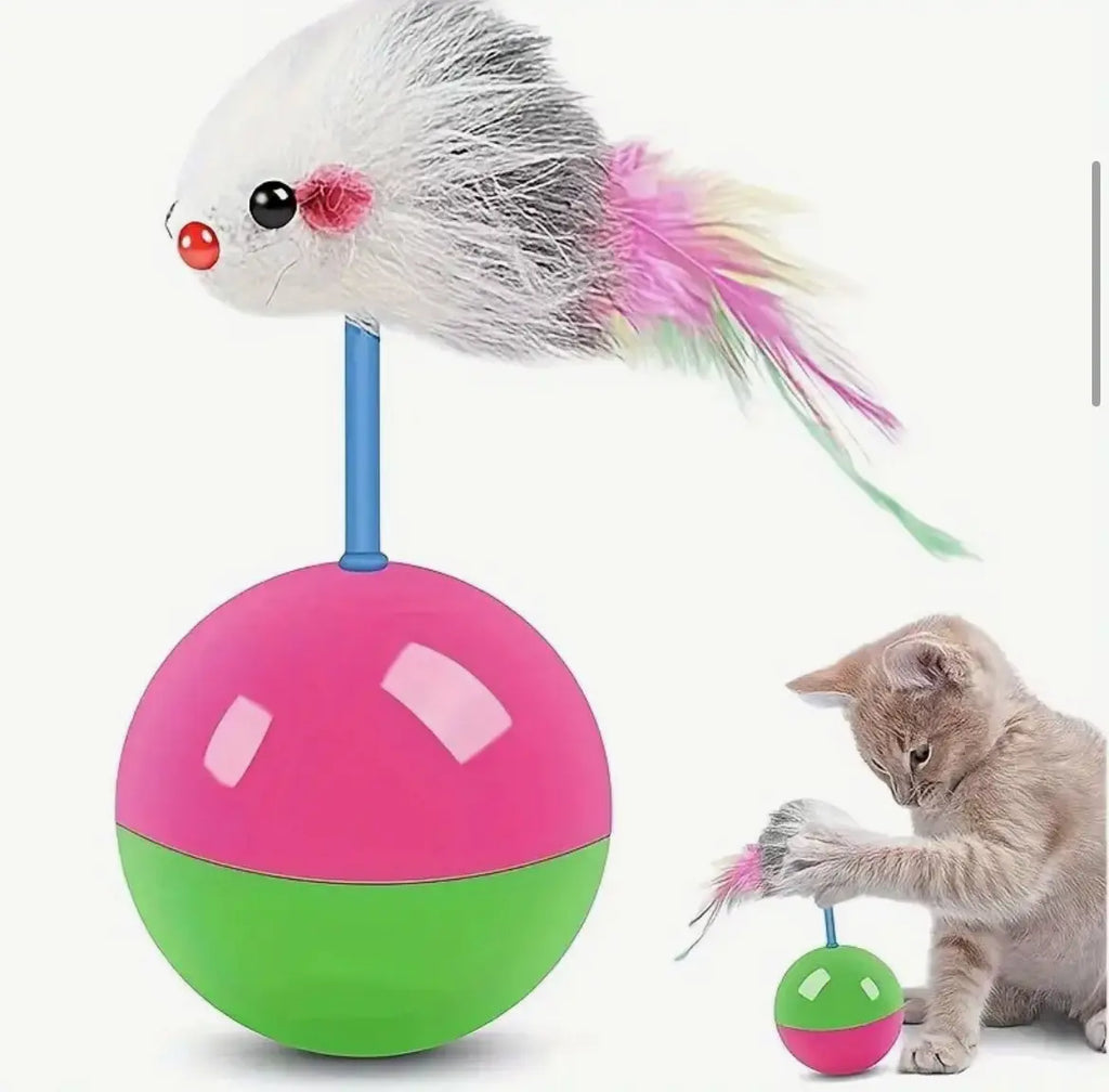 Juguete Interactivo para Gatos Tipo Tentetieso con Ratón de Peluche y Plumas