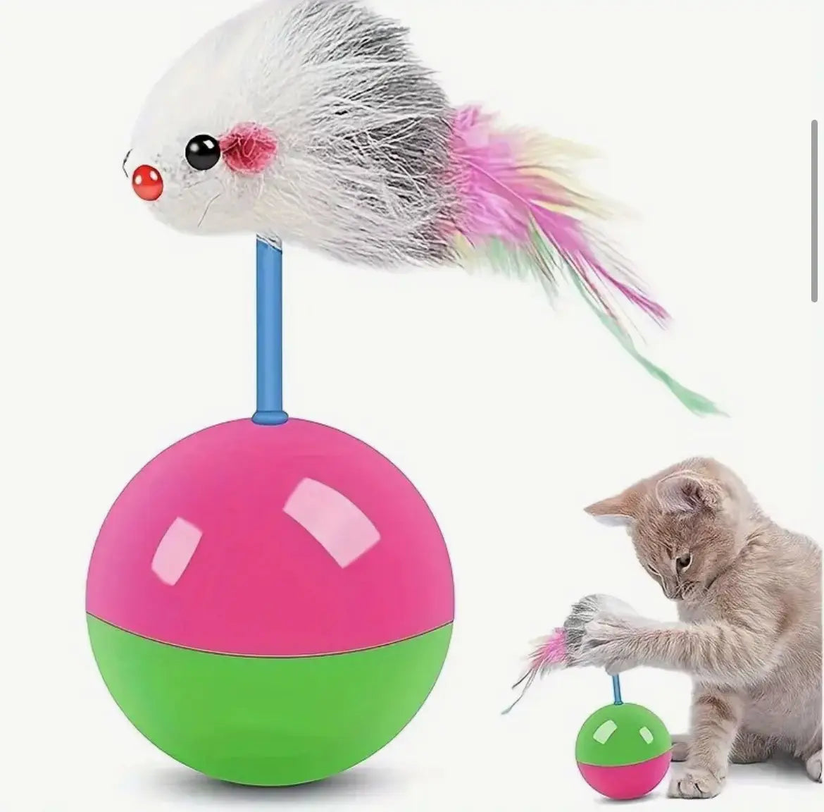 Juguete Interactivo para Gatos Tipo Tentetieso con Ratón de Peluche y Plumas